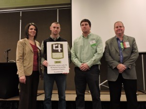 (From left to right) Nutrient Stewardship Council Chair Carrie Volmer-Sanders recognizes the first three facilities to receive 4R Nutrient Stewardship Certification, represented by Brandon McClure, Morral Companies; Logan Haacke, Legacy Farmers; and John Fritz, The Andersons. 