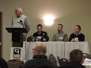 (From left to right) 4R Nutrient Stewardship Certification Program Consultant Jim Lake, Clint Nester of Nester Ag, LLC, Brandon McClure of Morral Companies, LLC and Don Steinbauer of Crop Production Services share their views as participants and certified facilities in the 4R Nutrient Stewardship Certification Program during the Nutrient Stewardship Council’s 4R Farming 4 Sustainability event in Fort Wayne, Indiana on Feb. 12.
